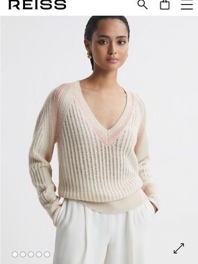 Reiss Cream V‑Neck Sweater with Pink Trim